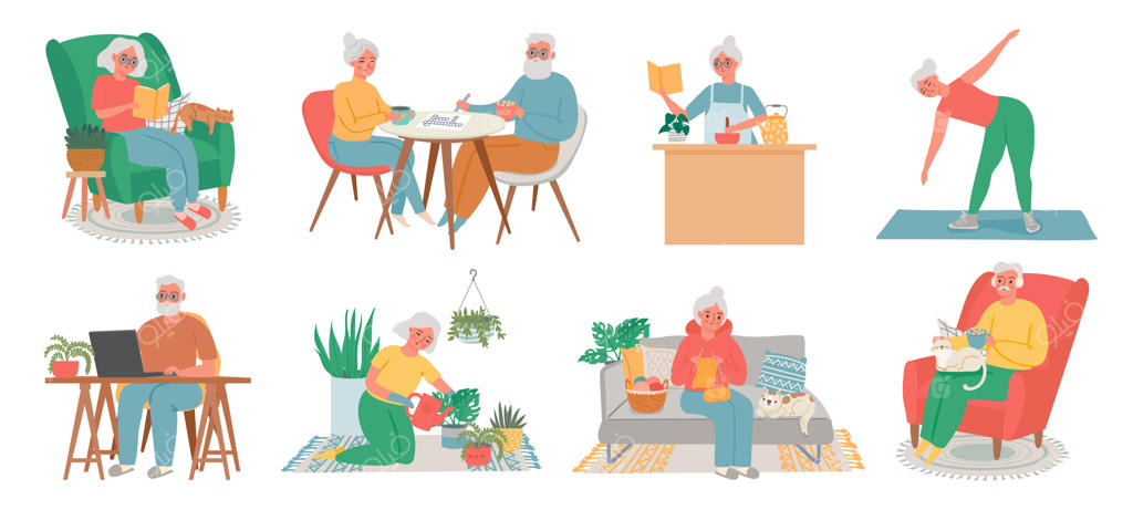 هobbies خانه سالمندان: فعالیت‌های مردان، زنان و زوج‌های سالمند شامل کار با کامپیوتر، مطالعه، تمرینات ورزشی، آشپزی، مراقبت از گیاهان و بافتنی. مجموعه وکتور از سالمندان در خانه. تصویر مادربزرگ و بازنشستگان سالمند.