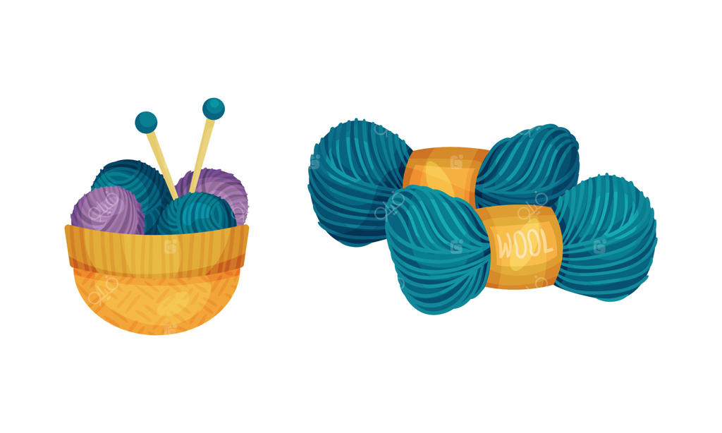 ست ابزار بافتنی: تصویر میل‌های بافتنی و کلاف کاموا