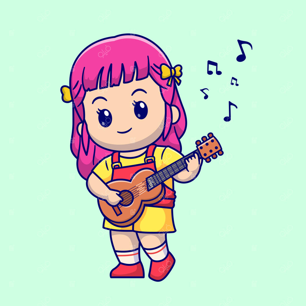 تصویر وکتور کارتونی دختر بامزه در حال نواختن گیتار. نماد مفهومی موسیقی و افراد در سبک فلت.