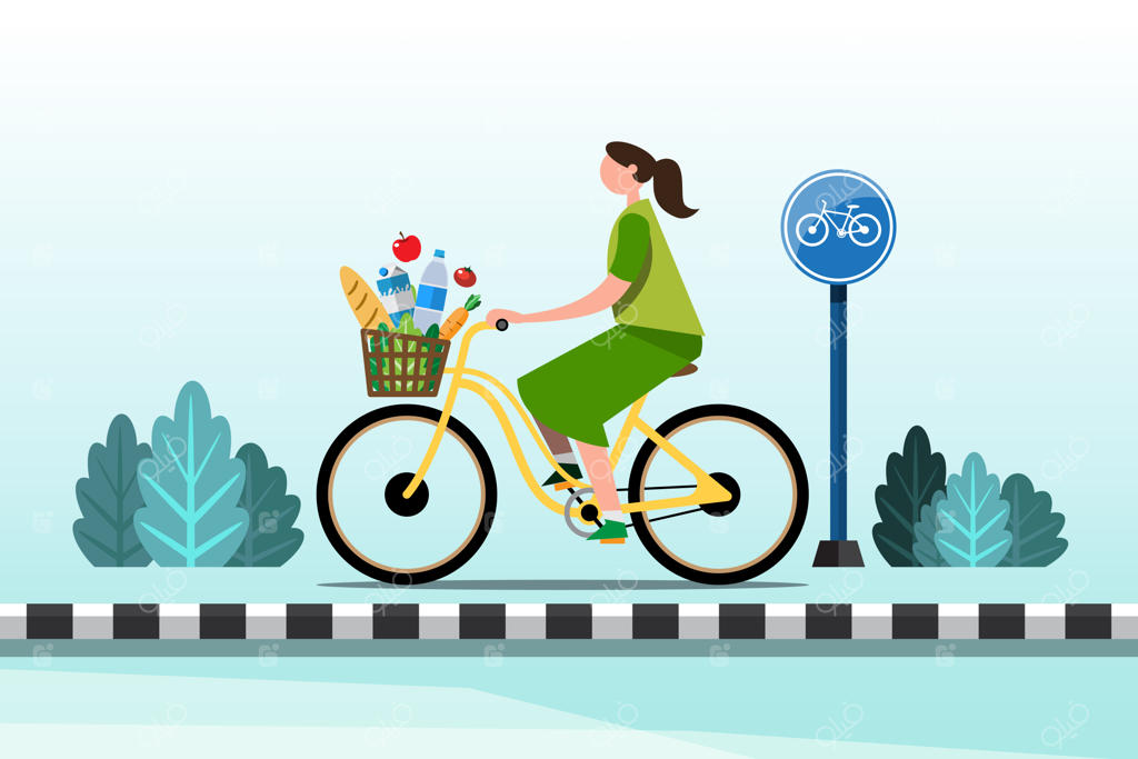 خانم خانه‌دار با دوچرخه به فروشگاه می‌رود تا برای خانواده خرید کند و غذا بپزد. طراحی تصویر وکتور تخت