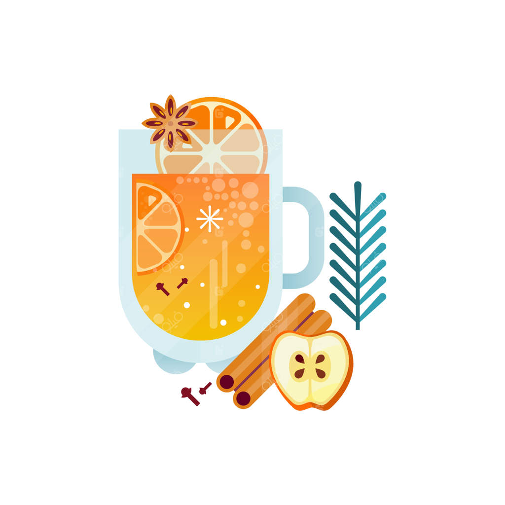 چای گیاهی سالم ویتامینی با طعم تند، حاوی میوه‌های مرکباتی، سیب، دارچین و رزماری در لیوان شفاف - تصویر برداری روی زمینه سفید