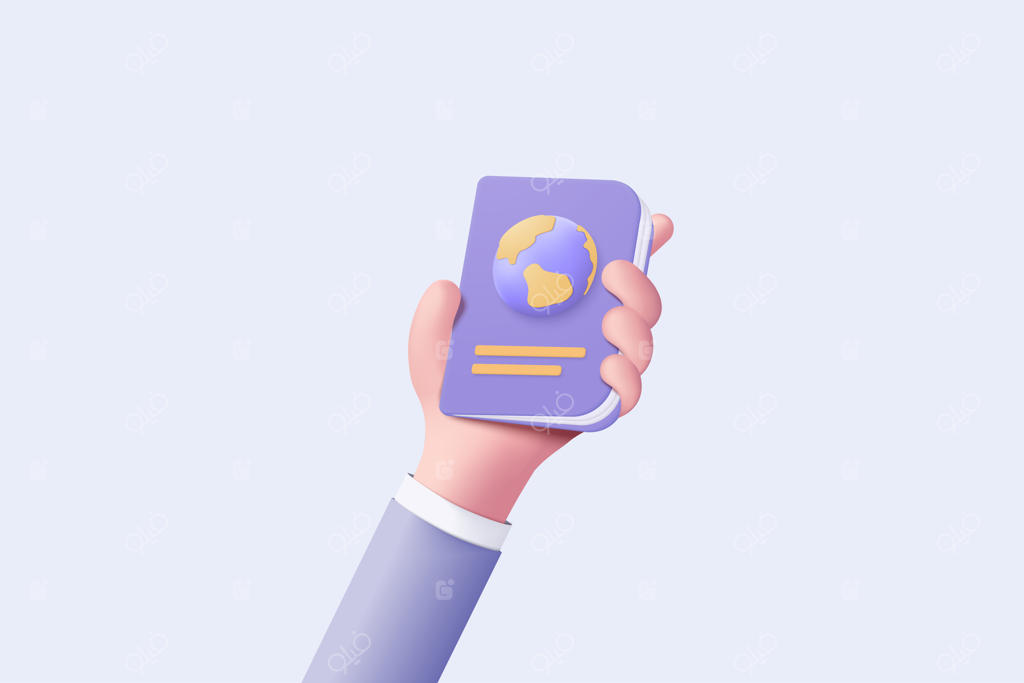 آیکون سه‌بعدی پاسپورت برای گردشگری و سفر در حال دست گرفتن پاسپورت بین‌المللی برای مهاجرت قانونی و هویت شهروندی - تصویر رندر سه‌بعدی پاسپورت