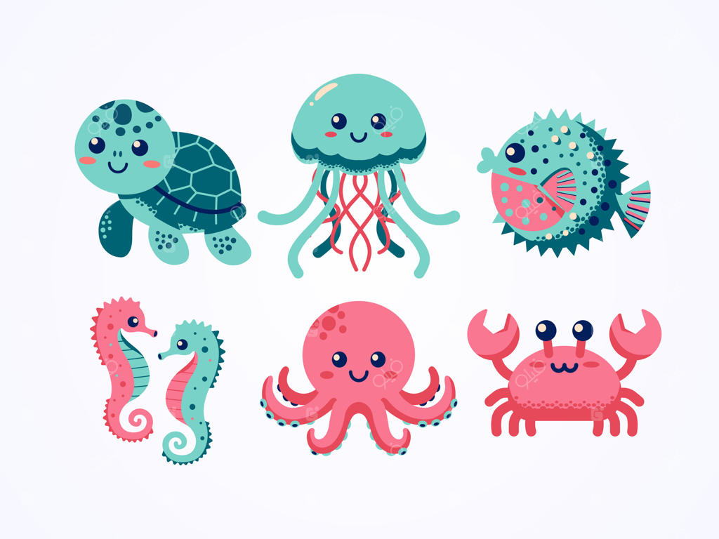 حیوانات بامزه دریا، کارتونی. مناسب برای طراحی عناصر