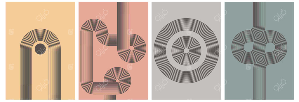 مجموعه‌ای از پس‌زمینه‌های انتزاعی مدرن مینیمالیستی به سبک میانه قرن. طراحی چاپ‌های دیواری. اشکال هندسی ساده. قوس بوهو، خورشید، ماه و رنگین‌کمان.