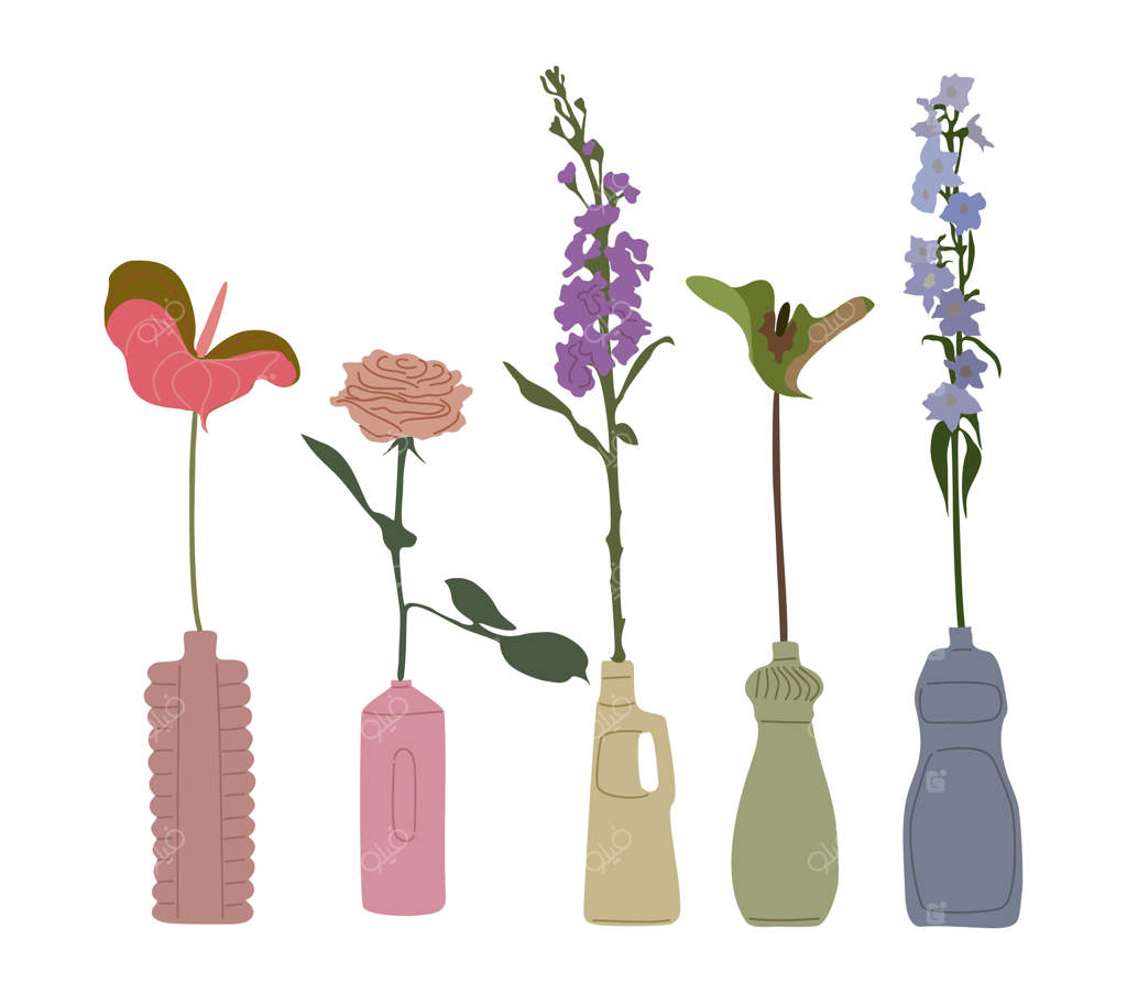 مجموعه‌ای از گل‌های وحشی و باغی در گلدان‌ها: عناصر طراحی گل‌آرایی برای کارت تبریک، بنر و دعوتنامه