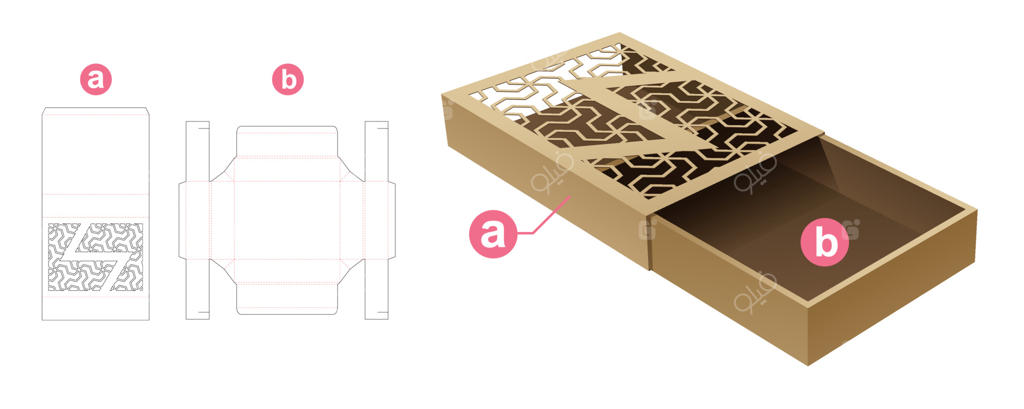 جعبه کشویی مقوایی با طرح راه راه استنسیل، همراه با الگوی برش و موکاپ سه‌بعدی