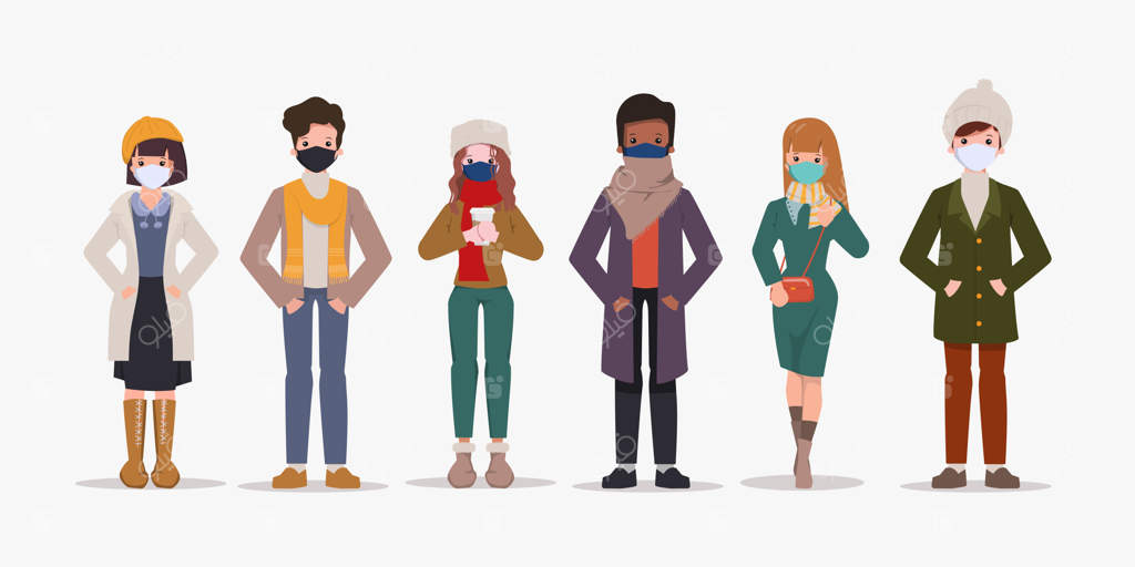 مجموعه‌ای از افراد با لباس زمستانی و ماسک صورت.