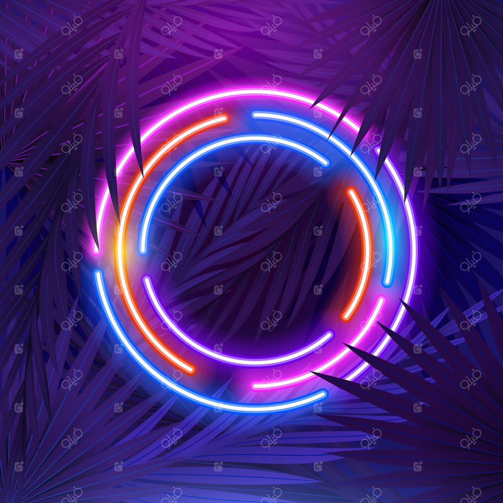 پس‌زمینه برگ‌های گرمسیری با قاب نئون رنگارنگ