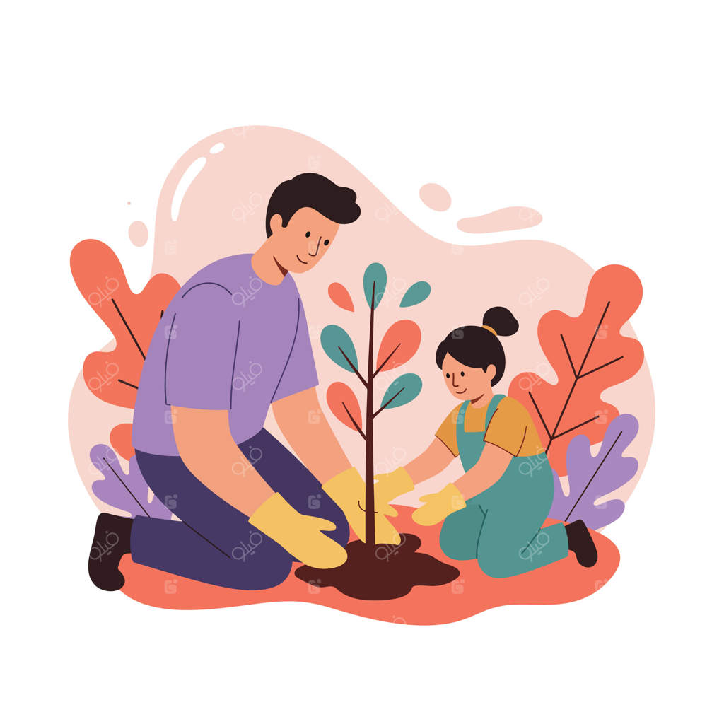 پدر و دختر در حال کاشتن درخت در باغ با برگ‌های رنگارنگ و طبیعت زیبا