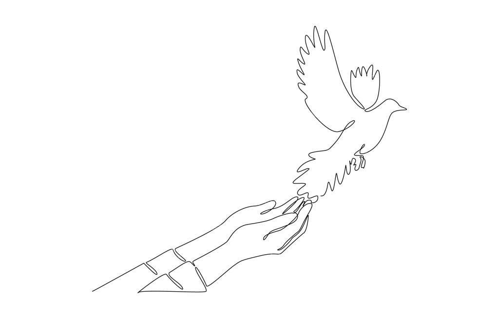 طراحی خطی پیوسته: دست‌هایی که کبوتر را به هوا آزاد می‌کنند به نشانه آزادی