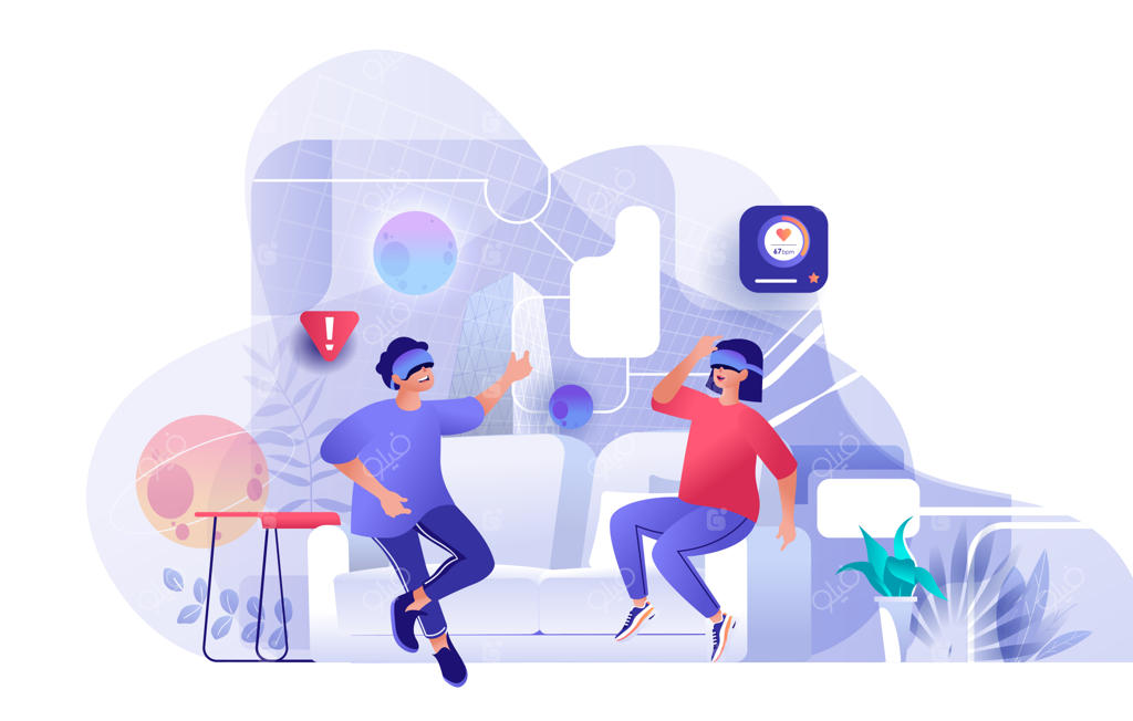 تصویرسازی صحنه استفاده زوج از واقعیت مجازی با سبک طراحی تخت