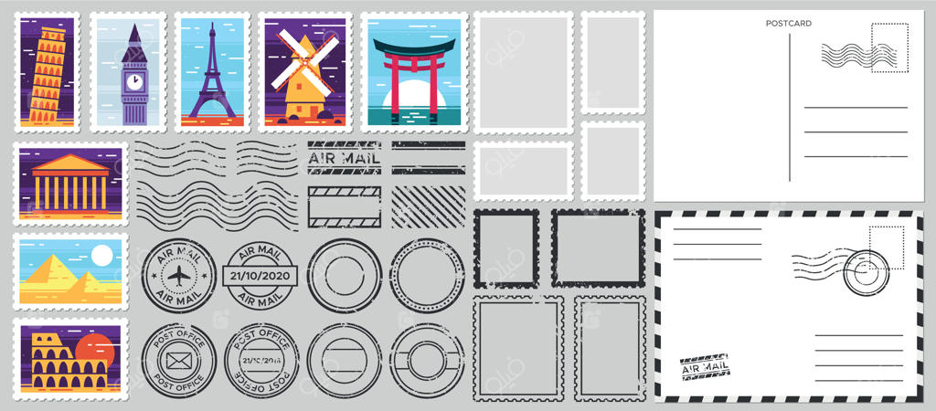 تمبرهای پستی. پاکت هوایی، مهر اداره پست و مجموعه تمبرهای پستی. مهرهای خاص و نشان‌های پستی با تصاویر مختلف از مکان‌های دیدنی. کارت‌پستال‌های خالی و قالب‌های نامه با فضای نوشتن متن.