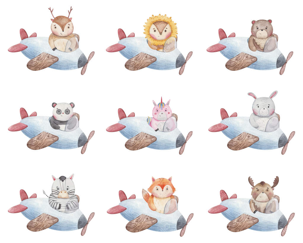 حیوانات کارتونی کوچک سوار بر هواپیما: روباه، گوزن، تک‌شاخ، خرس، گورخر، پاندا، شیر و خرگوش - طراحی و تصویرسازی کودکانه با آبرنگ