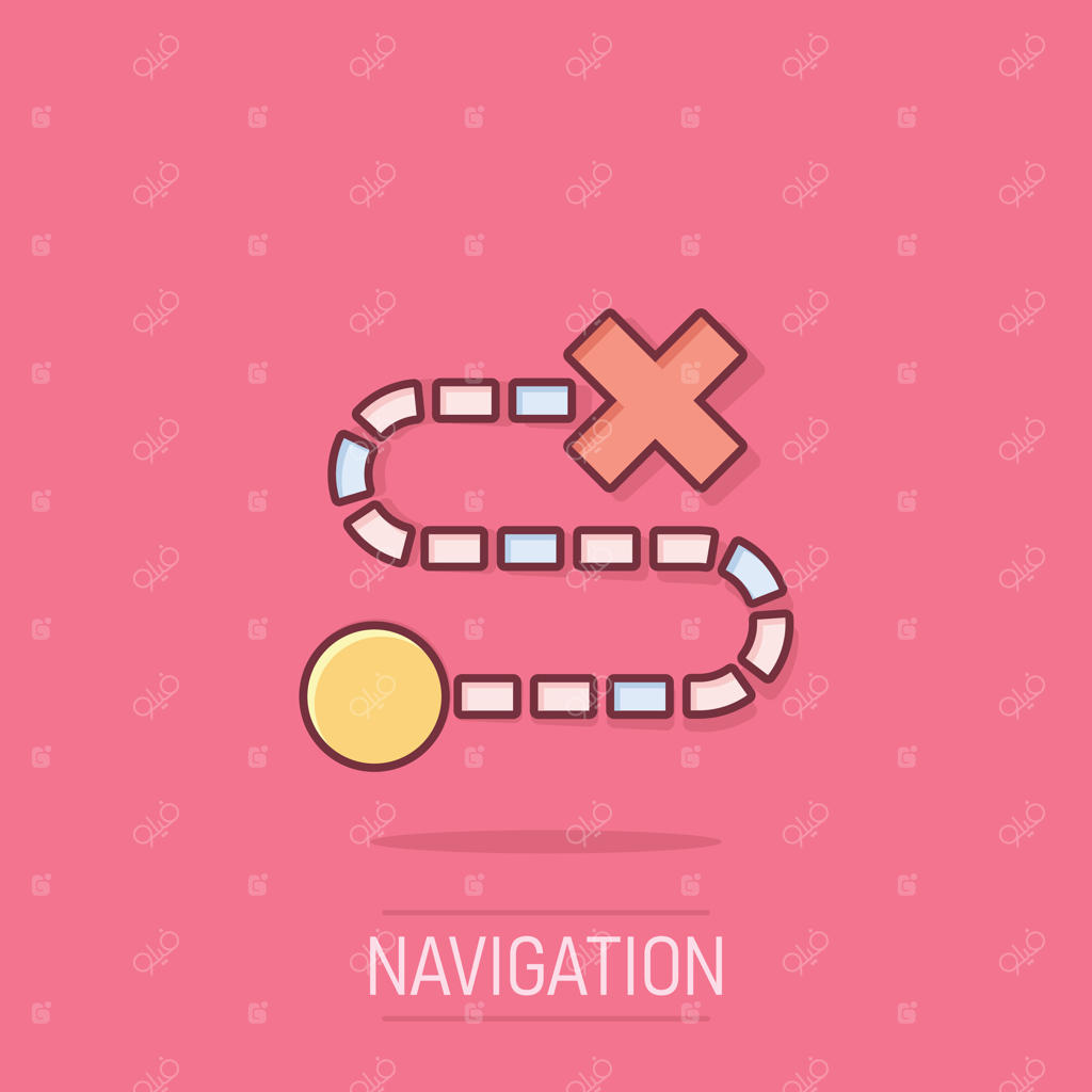 آیکون نشانگر نقشه به سبک کمیک. تصویرسازی کارتونی ناوبری GPS با پس‌زمینه‌ی مجزا. ایده‌ی تجاری جذاب برای مکان‌یابی.