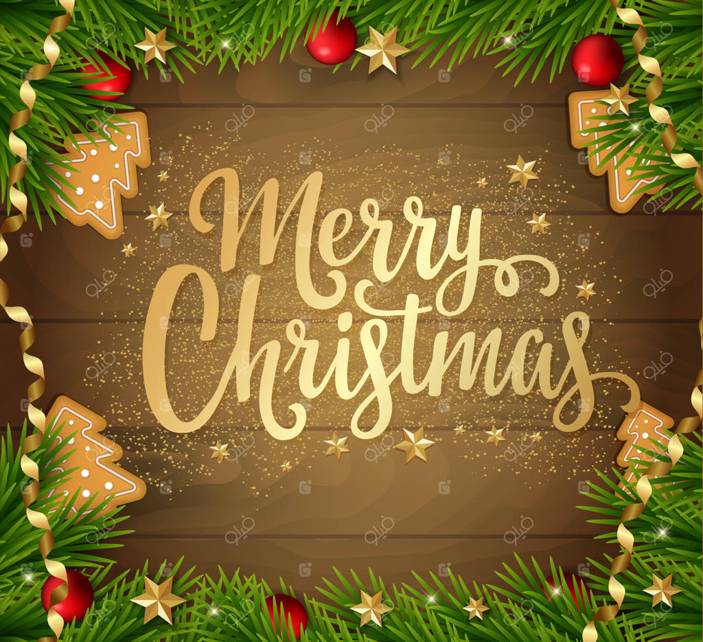 کارت کریسمس با درخت کاج، تزیینات و نوشته‌ها.