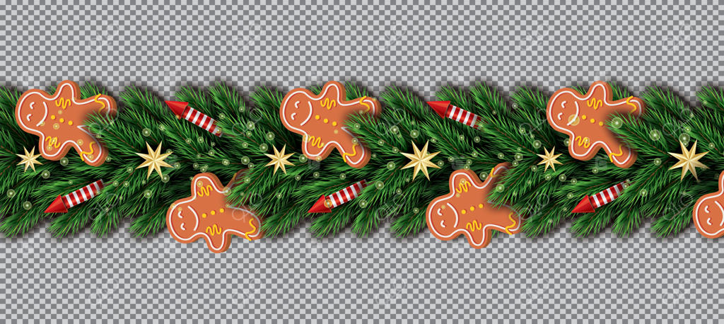 حاشیه‌ای با مرد شیرینی زنجبیلی، شاخه‌های درخت کریسمس، ستاره‌های طلایی و ترقه‌های قرمز