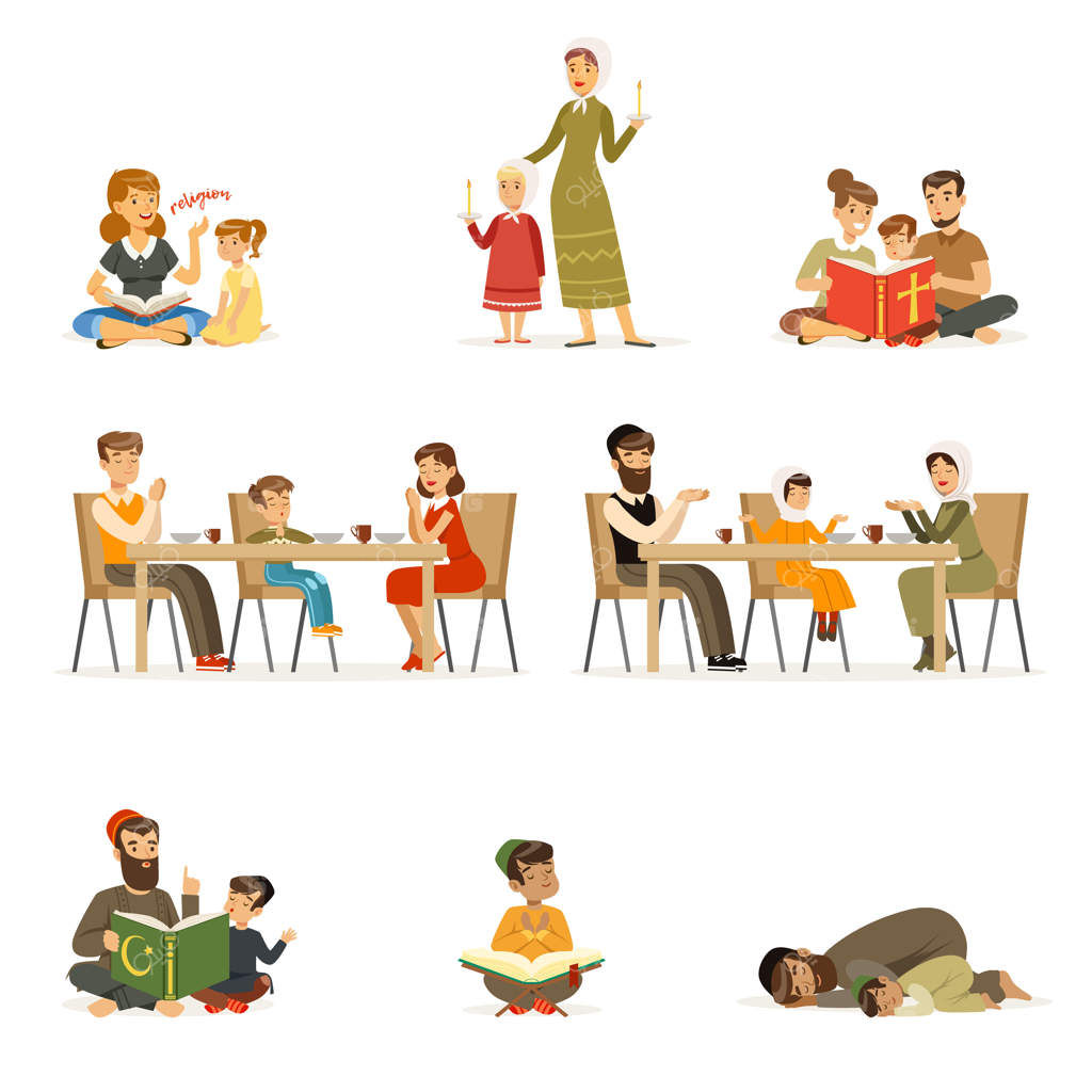 شخصیت‌های افراد از ادیان مختلف. خانواده‌هایی با لباس‌های سنتی که دعا می‌کنند، کتاب‌های مقدس می‌خوانند، به کودکان آموزش می‌دهند و شام می‌خورند. فعالیت‌های مذهبی یهودیان، کاتولیک‌ها و مسلمانان. کارتون