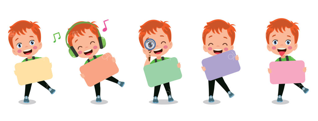 کودکان با بنرها. تصویر کارتونی پسر و دختر با بنرهای خالی، همراه با تابلو برای نوشتن متن