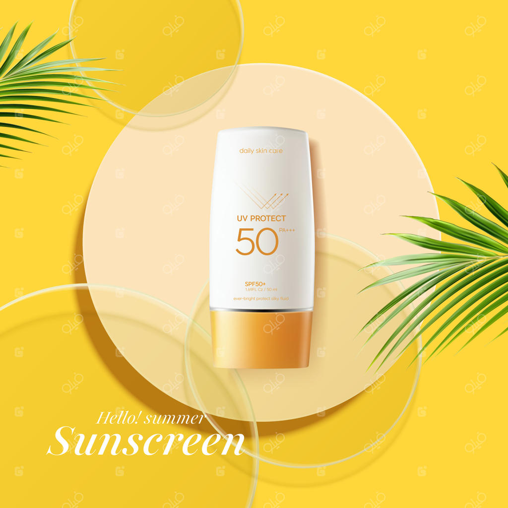 کرم ضد آفتاب تابستانی برای حفاظت از پوست، طراحی واقعی بطری لوازم آرایشی.