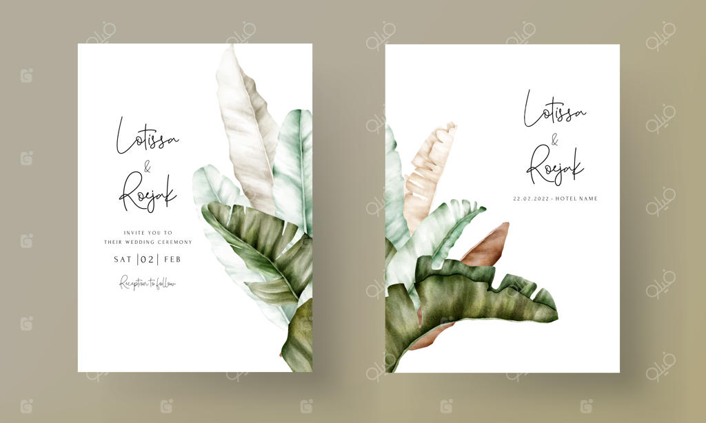 کارت دعوت عروسی با طراحی برگ‌های موز شیک