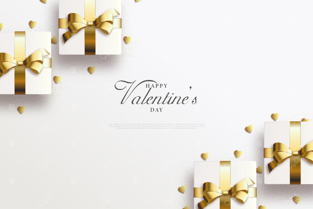 پس‌زمینه روز ولنتاین با جعبه هدیه و روبان طلایی.