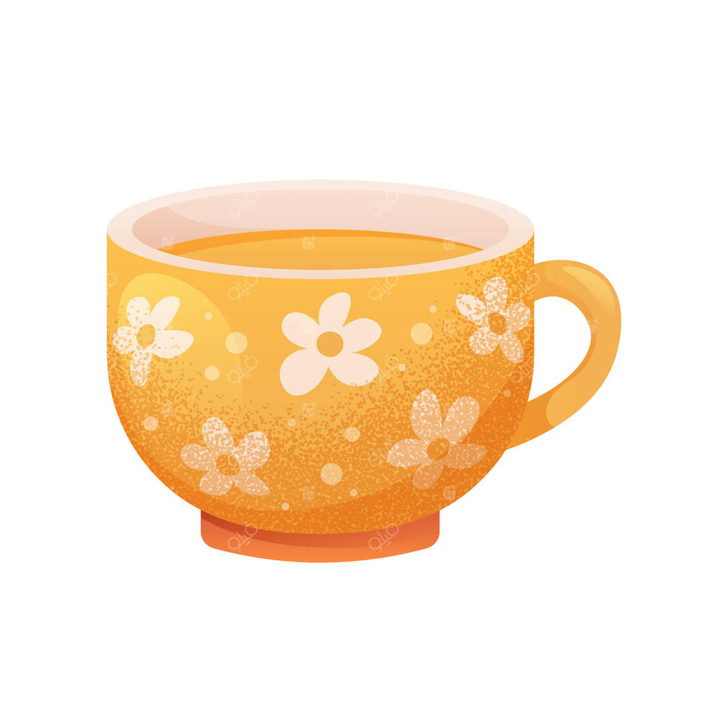 ماگ زرد با طرح گل‌های بابونه و نوشیدنی داغ. تصویرسازی چای گیاهی بابونه در فنجان.