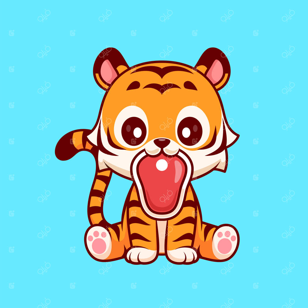 وکتور کارتونی ببر بامزه در حال گاز گرفتن استیک. مفهوم آیکون غذای حیوانات به صورت ایزوله و تخت