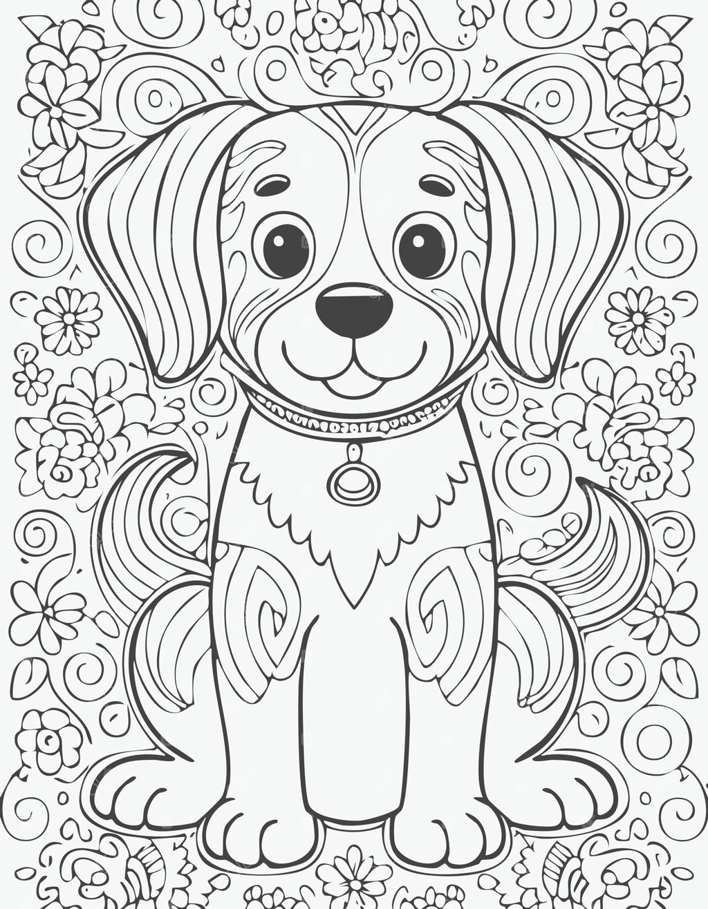 صفحه رنگ‌آمیزی توله‌سگ بامزه برای کودکان: سیاه و سفید، همراه با نمونه‌ها