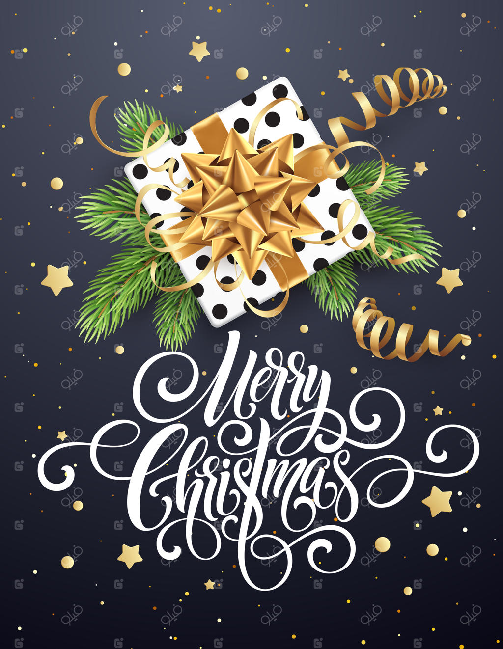 دست‌نوشته‌‌ای با عنوان "کریسمس مبارک"، کارت تبریک کریسمس همراه با هدیه، ریسه‌ها و کاغذ رنگی.