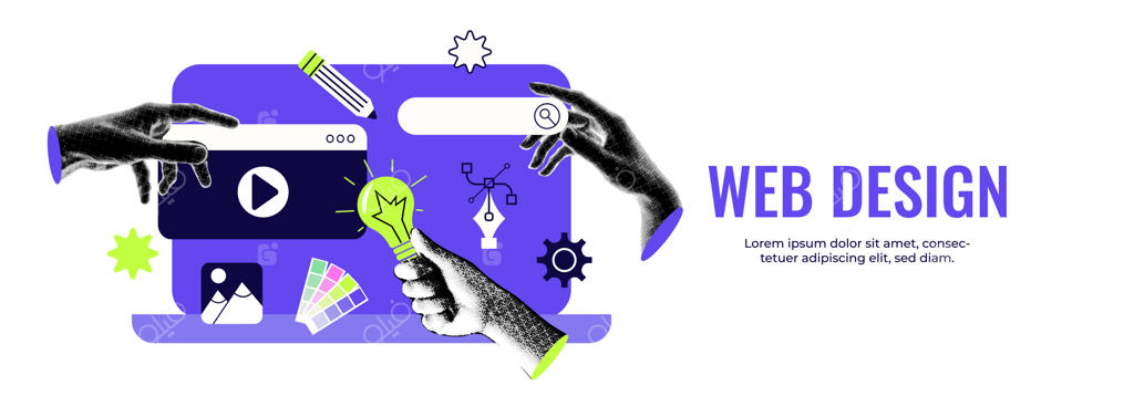 طرح مفهومی بنر کلاژ برای وب‌سایت یا اپلیکیشن با تصویر دست‌های هاف‌تون در حال کار روی UI/UX یا موبایل