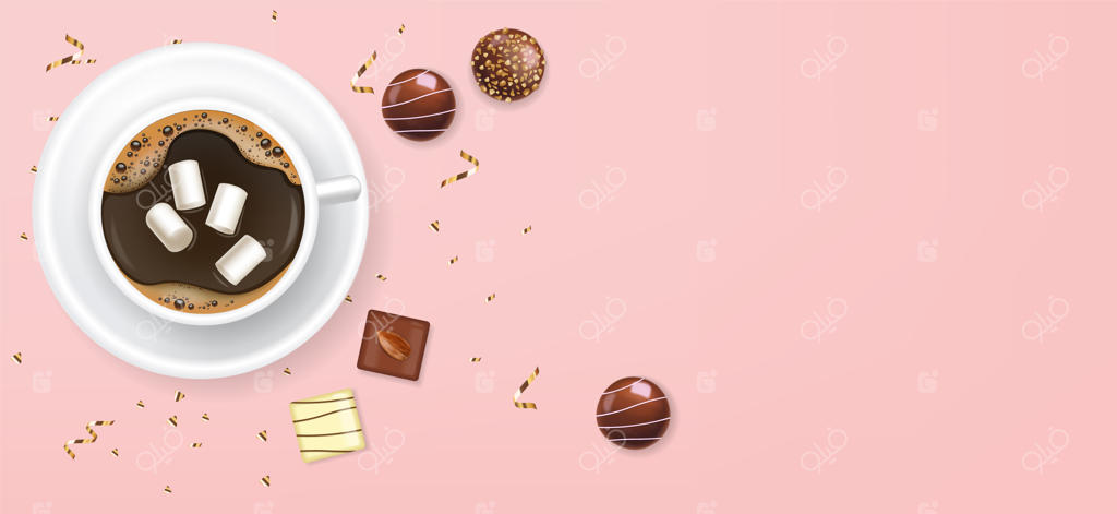 فنجان شکلاتی و قهوه واقعی، دسر لذیذ، روز ولنتاین، عشق، نمای بالا از مجموعه پرالین‌های شکلاتی، زمینه شکلات سیاه و سفید