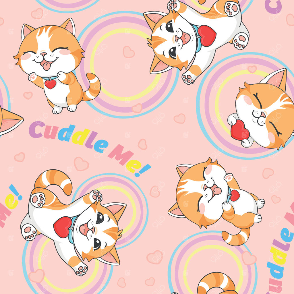 پترن یکپارچه گربه‌های کاوایی با دایره‌های رنگین‌کمانی و قلب‌ها روی پس‌زمینه صورتی