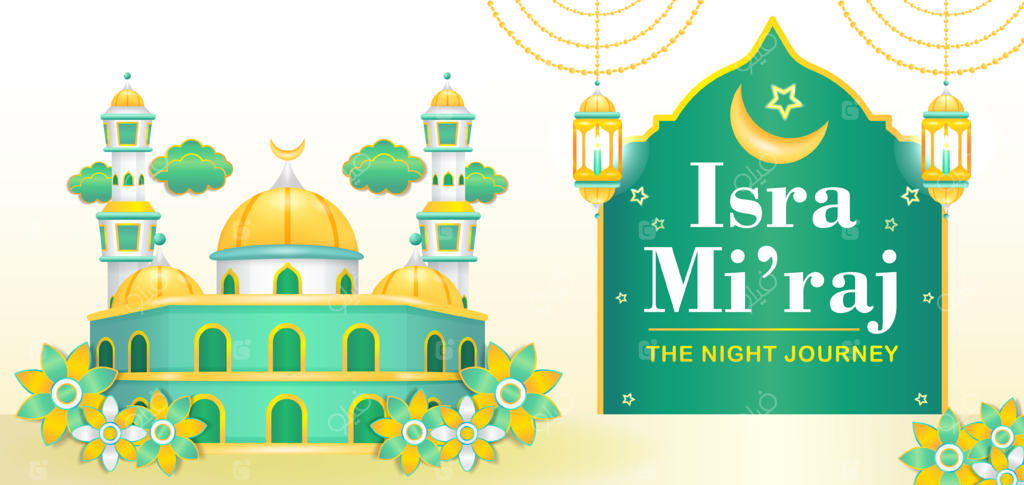 اسراء و معراج: تصویر سه‌بعدی مسجد با تزئینات گل و ابر