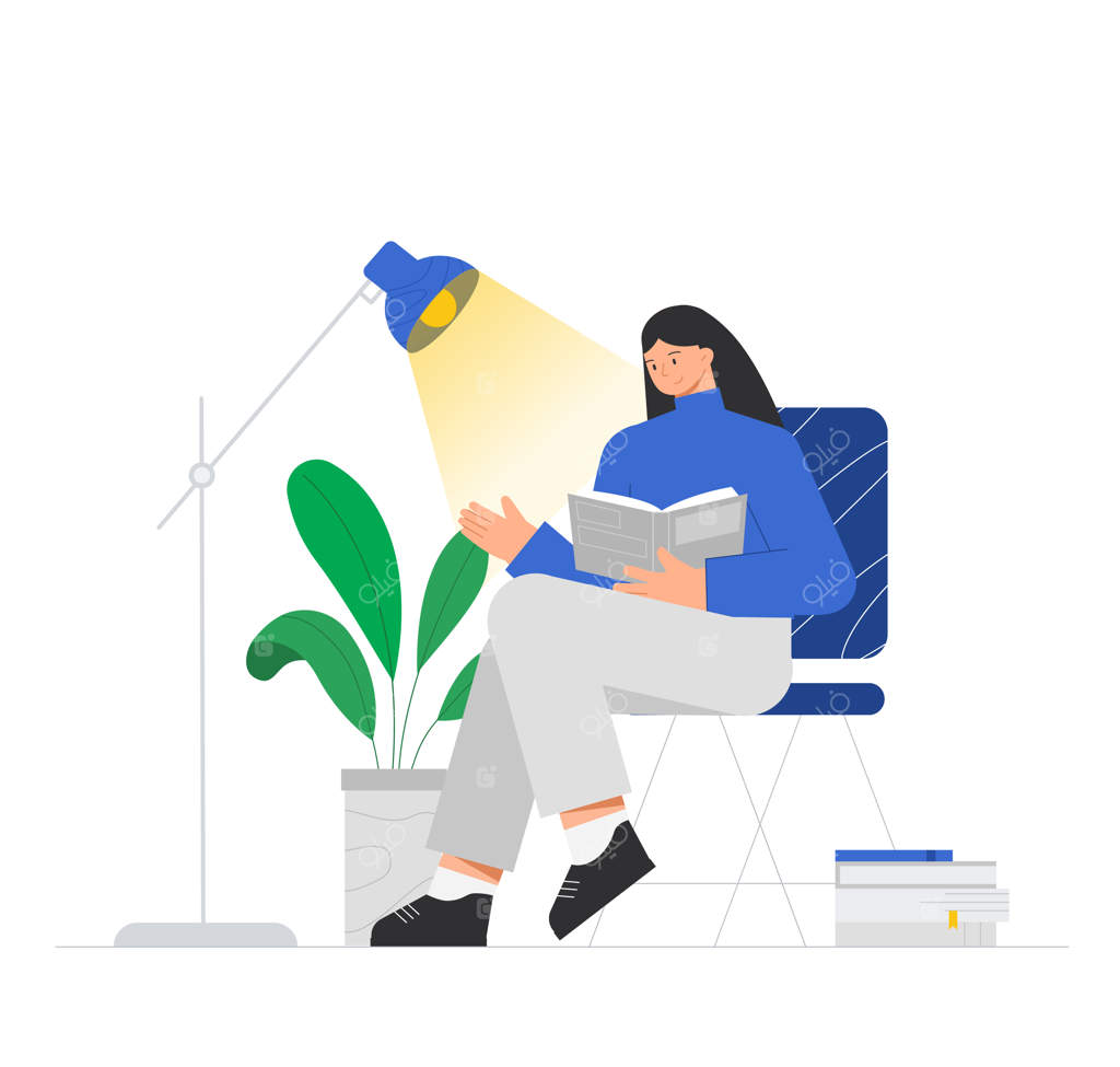 زن‌ در حال خواندن کتاب بر روی صندلی کنار لامپ، گلدان گل و انبوهی از کتاب‌ها.