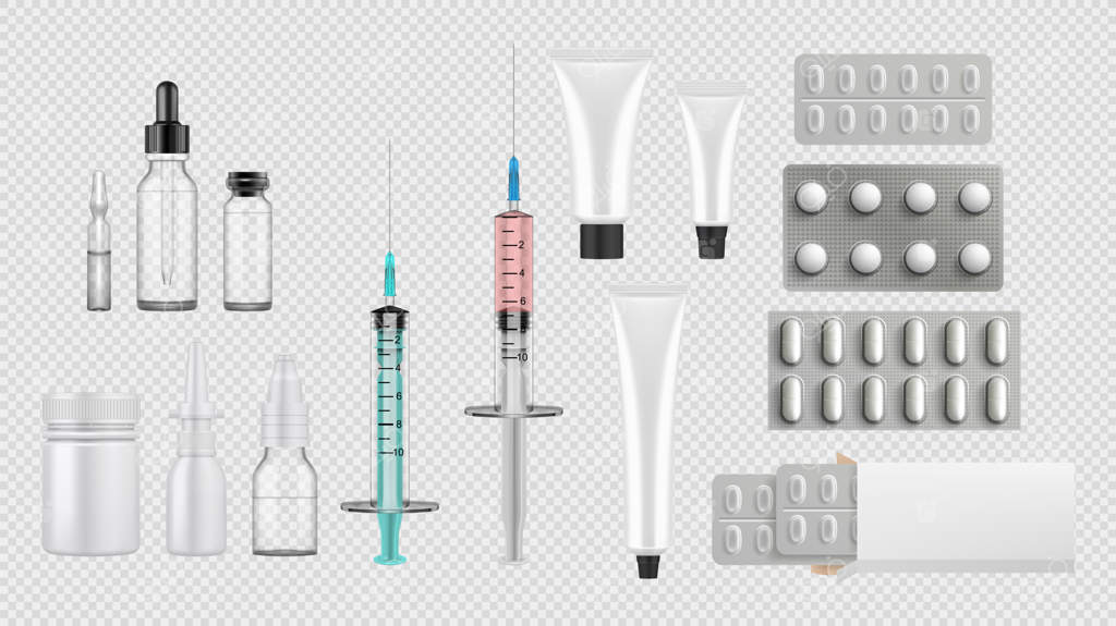 مجموعه‌ای از تجهیزات پزشکی واقع‌گرایانه. قالبی با سبک واقع‌گرایانه از قرص‌ها، جعبه‌ها، سرنگ‌ها و آنتی‌بیوتیک‌ها روی زمینه سفید. تصویرسازی خدمات بهداشتی یا پشتیبانی پزشکی