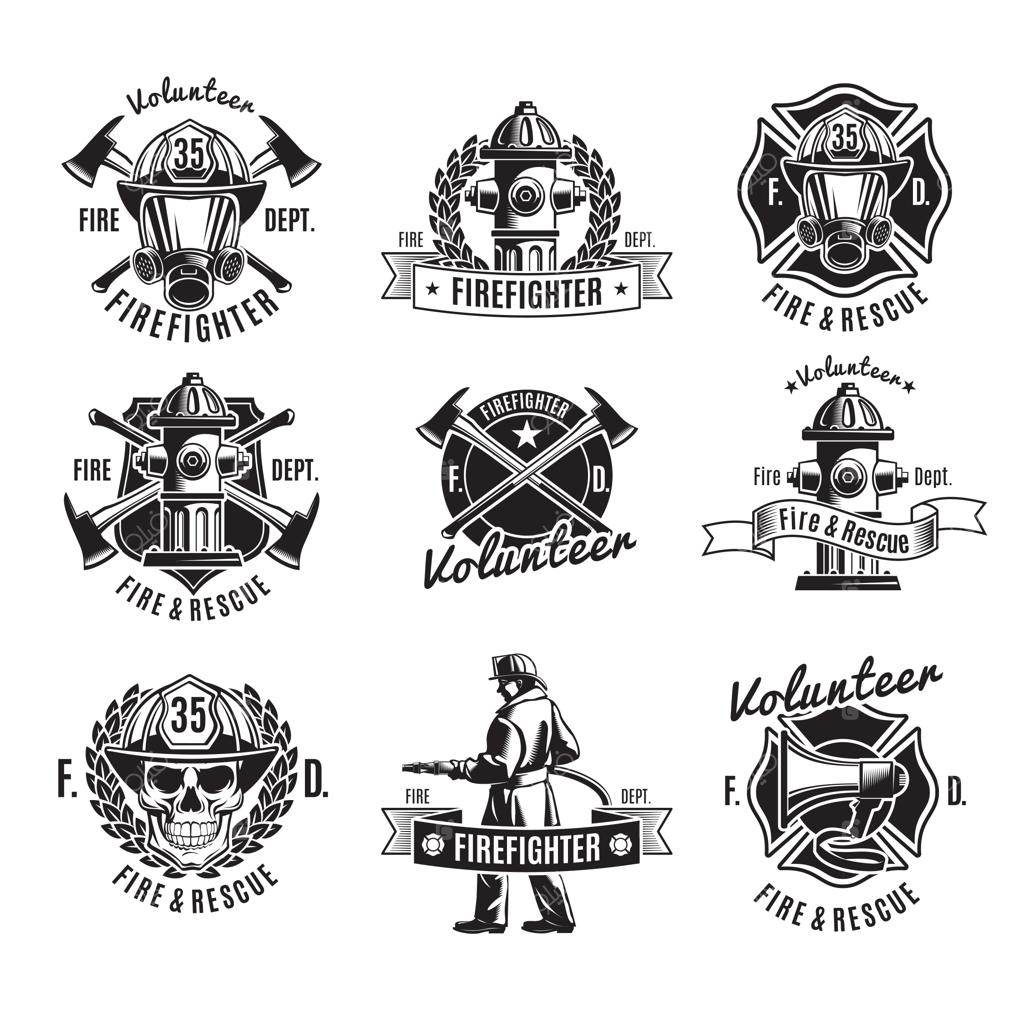 مجموعه برچسب‌های تک‌رنگ آتش‌نشانان با جمجمه آتش‌نشان و ابزارهای نجات