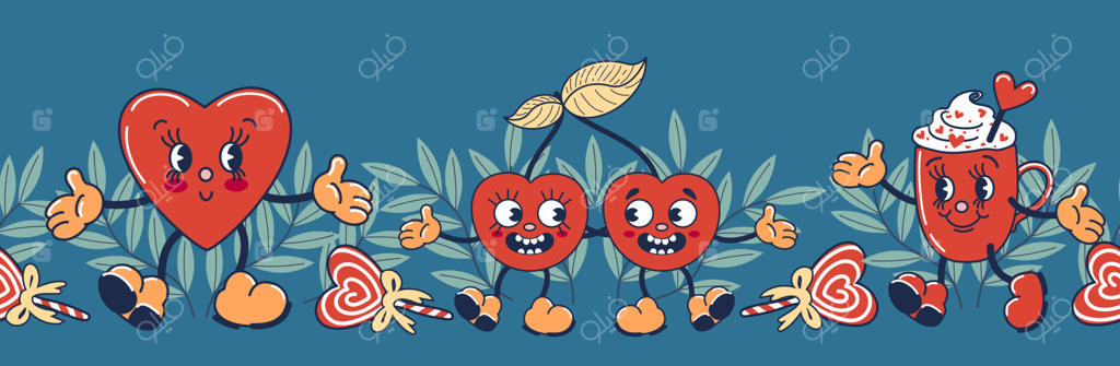 حاشیه بدون درز مخصوص ولنتاین. شامل یک جفت گیلاس عاشق، ماگ قهوه و قلب. با سبک کارتونی رترو و قدیمیِ ترند. تصویرسازی وینتج مناسب برای کارت دعوت، بسته‌بندی، روبان، کارت تبریک و وب‌سایت.