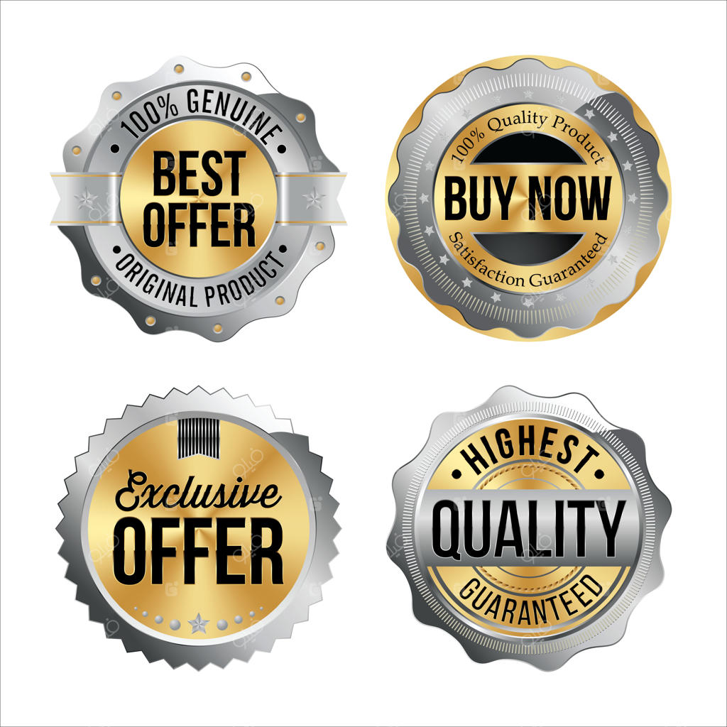 نشان‌های نقره‌ای و طلایی، مجموعه‌ای از چهار طرح. بهترین پیشنهاد، اکنون بخرید، پیشنهاد انحصاری، بالاترین کیفیت.