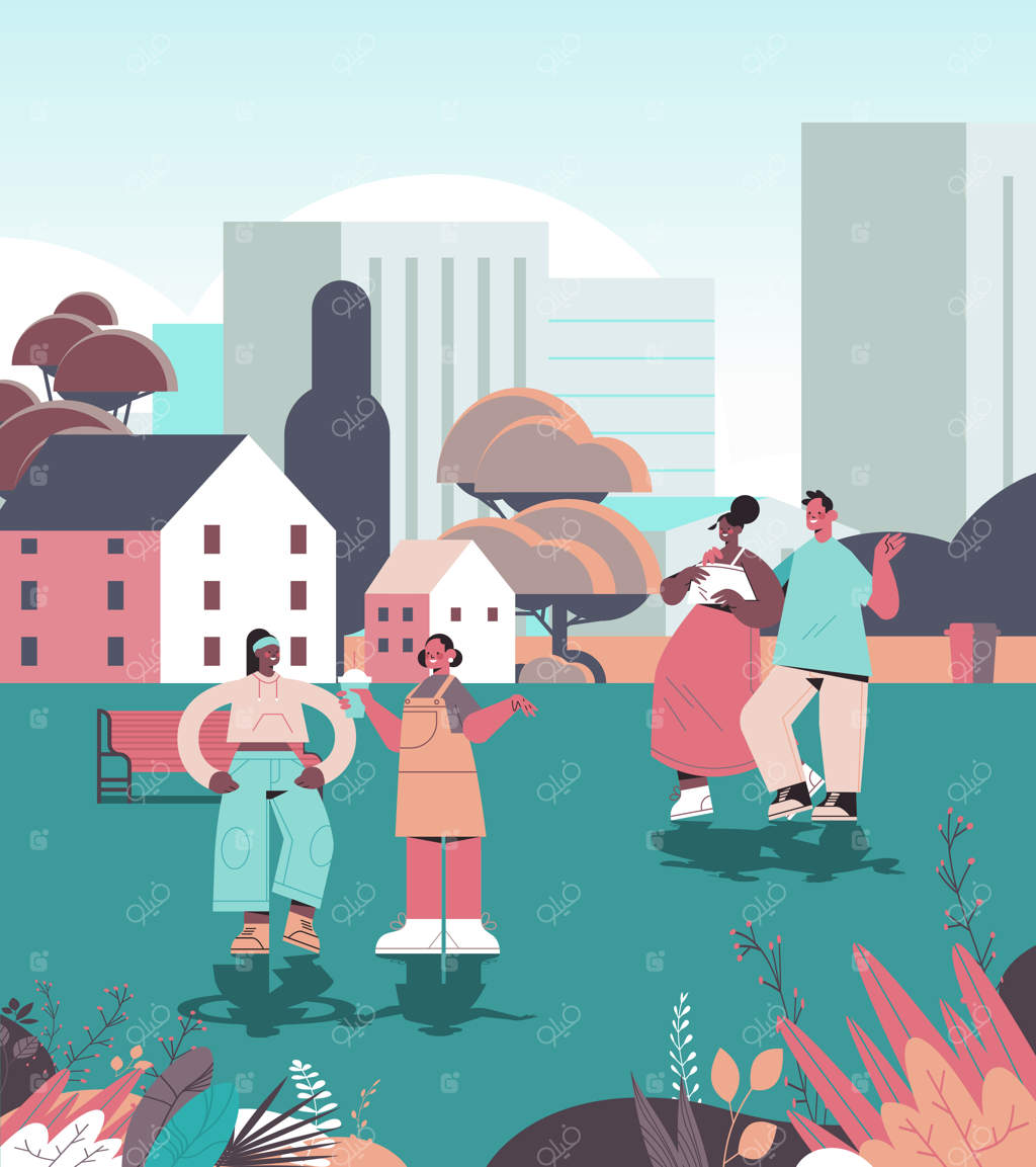 مردمی که در پارک شهری قدم می‌زنند: مفهوم سم‌زدایی دیجیتال، دوستانی که بدون وسایل الکترونیکی وقت می‌گذرانند