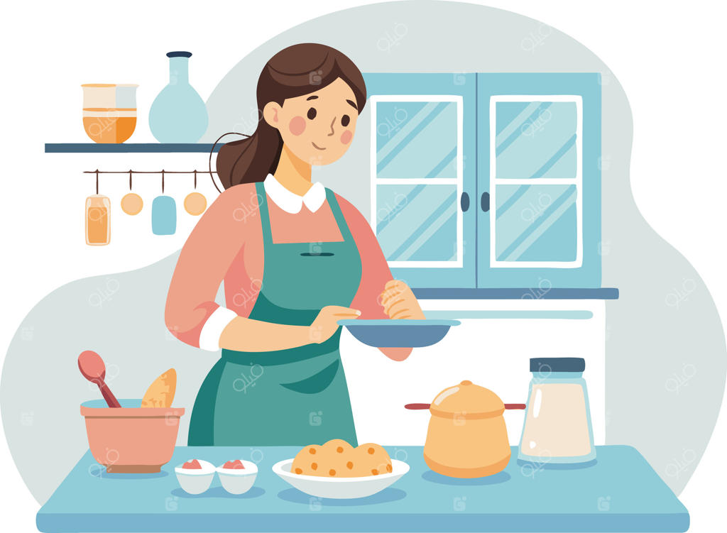 زن خوشحال در حال آشپزی و تهیه غذا با مواد اولیه تازه در آشپزخانه