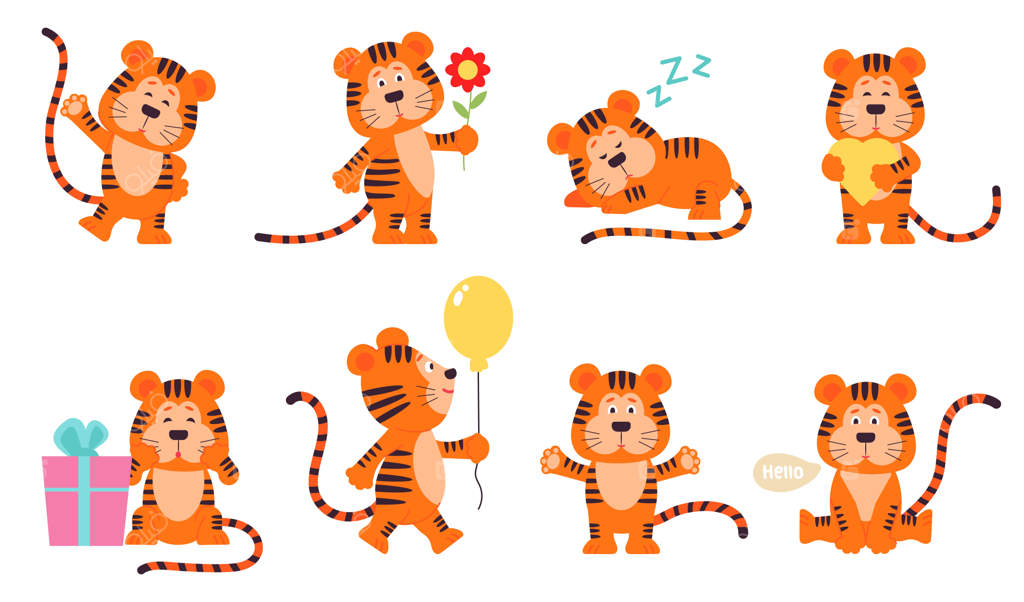 ببر کارتونی خط‌داری، بچه ببر‌های قرمز بامزه شخصیت‌های وحشی کودکان نماد جشن سال نو حیوان بامزه با بادکنک مجموعه وکتور شیک
