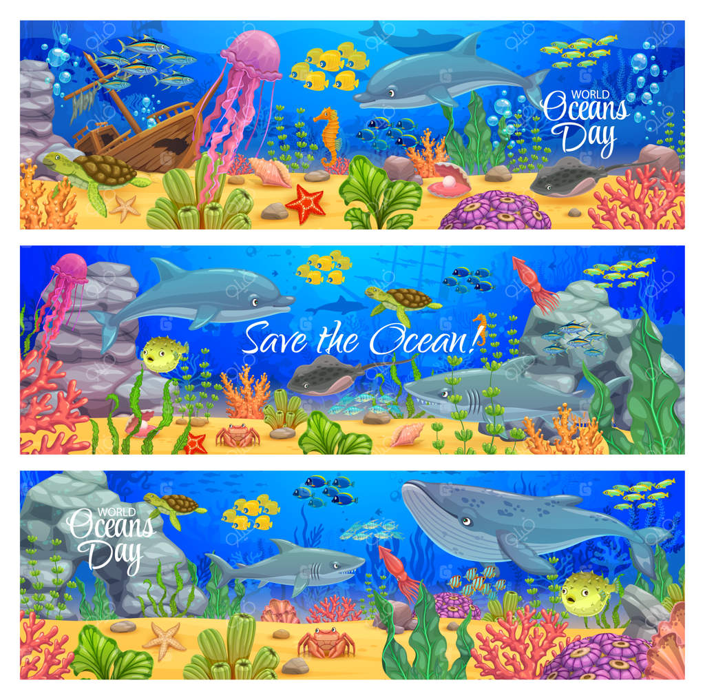 بنرهای کارتونی از مناظر زیر آب برای روز اقیانوس‌ها