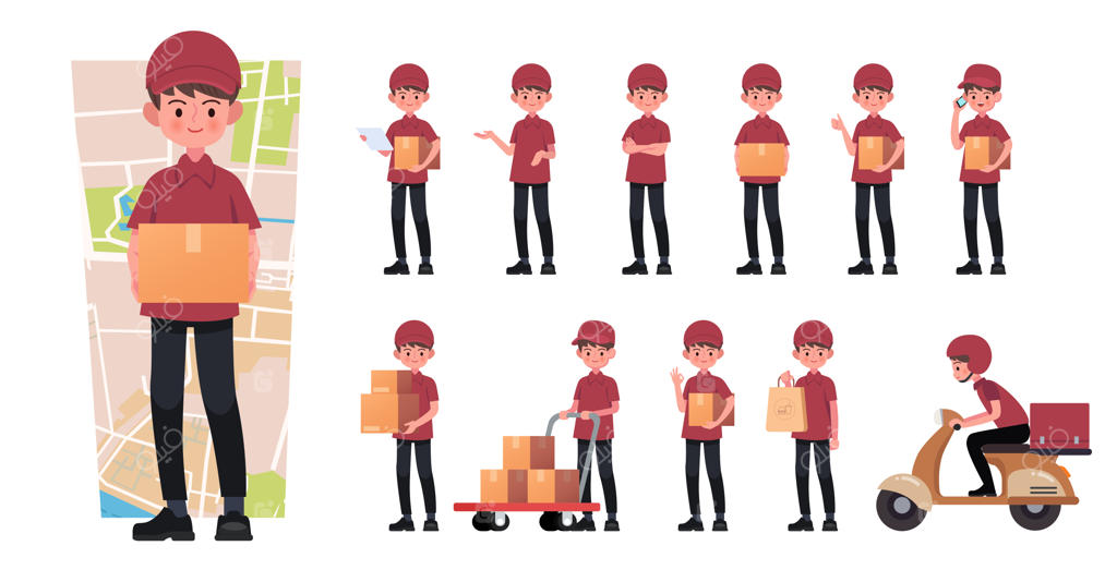 مجموعه‌ای از پیک با جعبه‌های کارتن در حالت‌های مختلف.