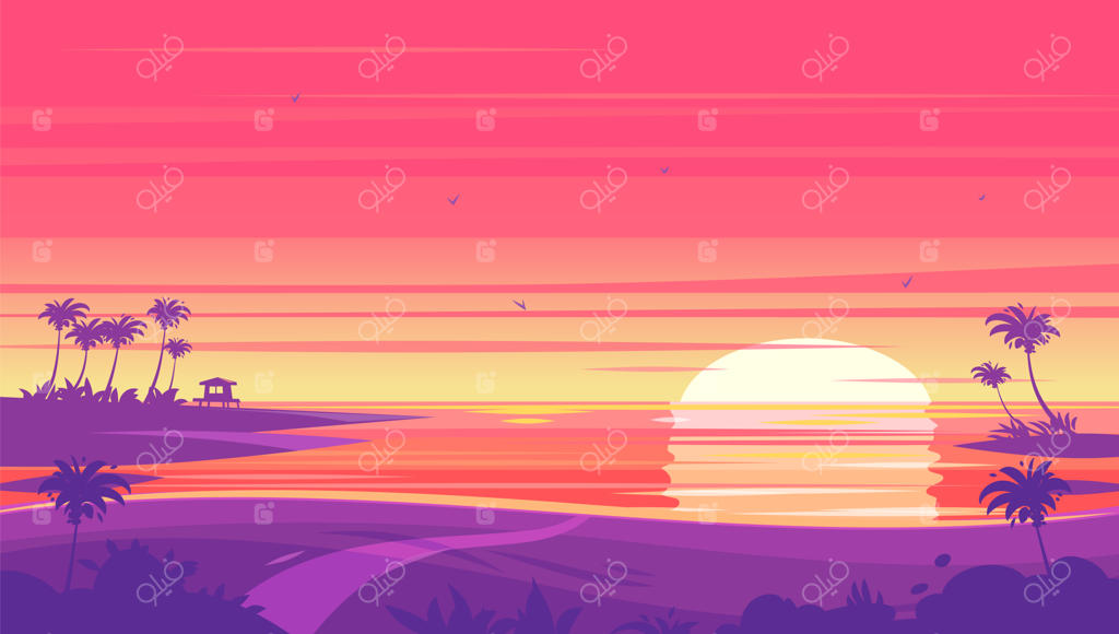 چشم‌انداز ساحل هنگام غروب با درختان نخل و خانه‌های ییلاقی.