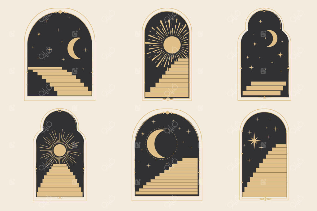 پنجره قوسی با قاب خطی آسمانی، پلکانی اسرارآمیز با نمادهای نجومی ماه و خورشید، حاشیه خطی، طرح تتوی مینیمال. نماد معنوی و اسرارآمیز.