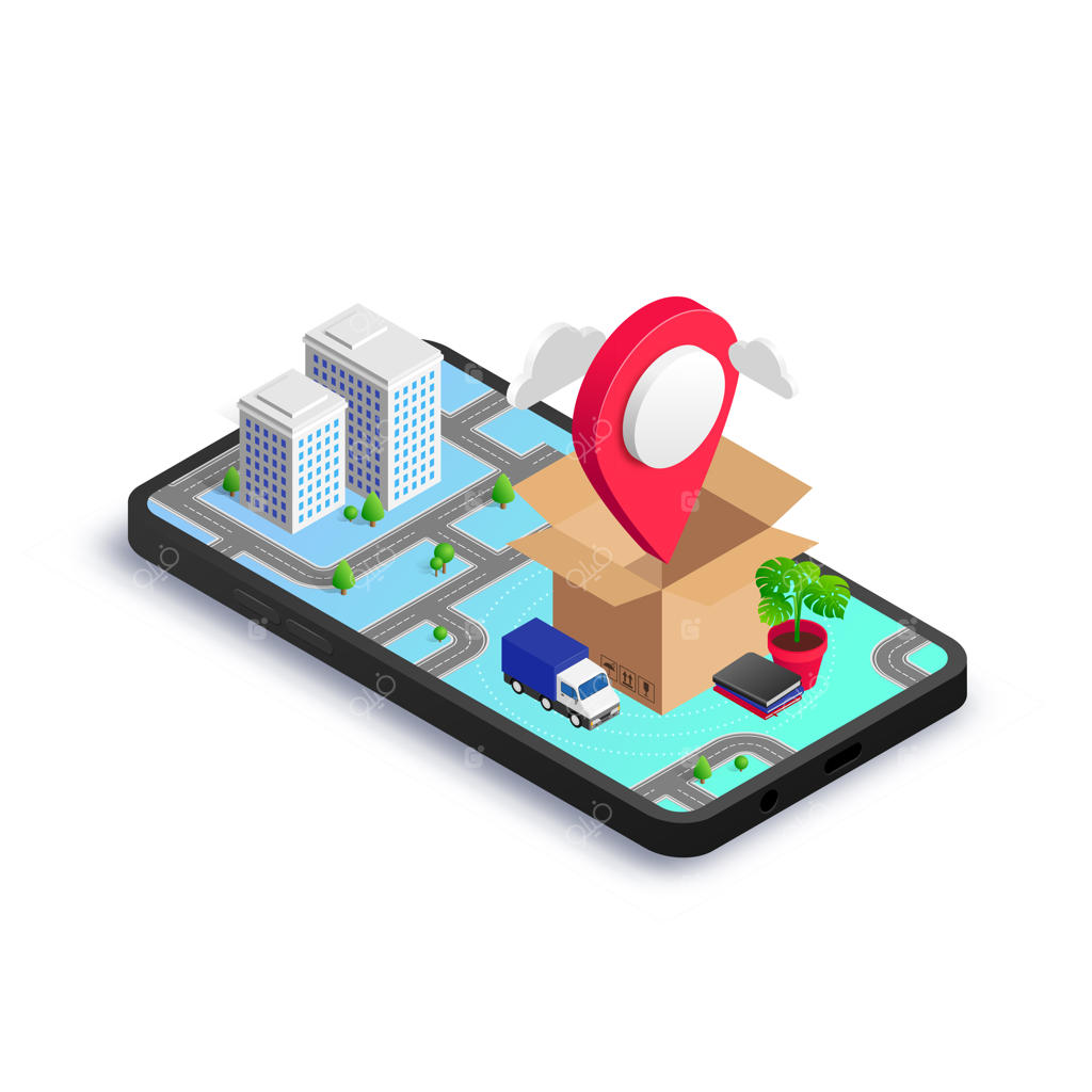 جعبه ایزومتریک با نشانگر نقشه، وانت و وسایل خانه روی صفحه‌نمایش گوشی هوشمند با نقشه سه‌بعدی شهر. اپلیکیشن خدمات جابجایی، شرکت حمل‌ونقل، ایده نقل‌مکان به خانه یا دفتر جدید.