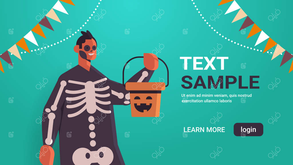 مردی با لباس اسکلت و سطل کدو، جشن روز هالووین مبارک - بنر افقی با فضای خالی برای نوشتار - تصویر وکتور