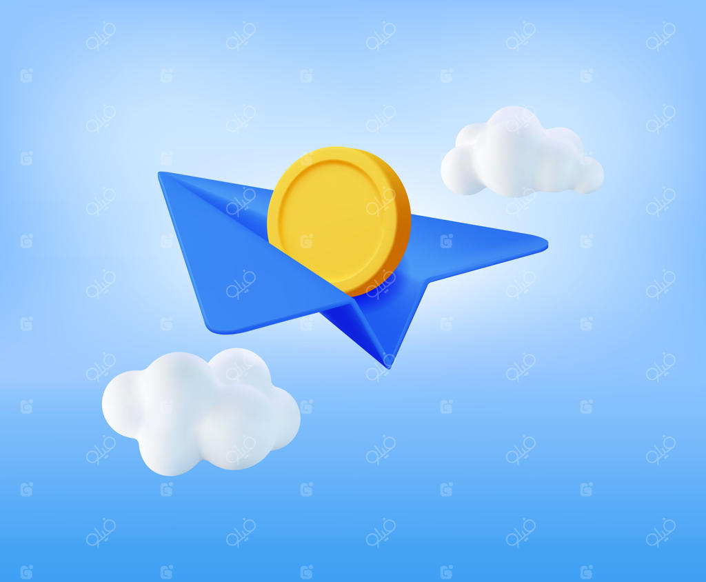 وکتور موشک کاغذی سه‌بعدی با سکه طلا؛ مفهوم انتقال وجه، تراکنش، بانکداری آنلاین و پرداخت