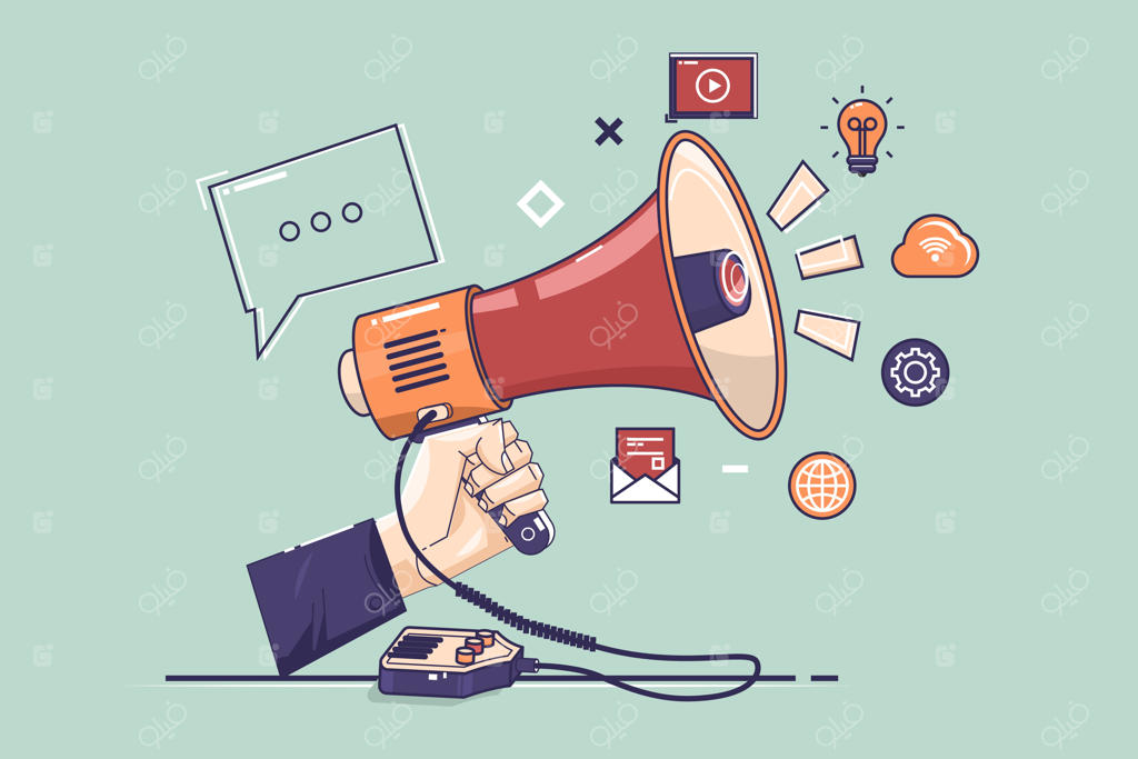 دست با بلندگو و ابر آیکون‌های رنگارنگ برنامه‌ها