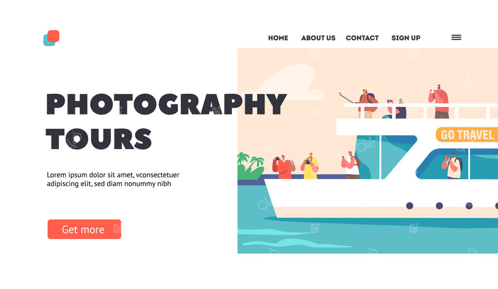 قالب صفحه فرود برای تورهای عکاسی: سفری تابستانی با کشتی مسافربری و افراد در عرشه کشتی تفریحی